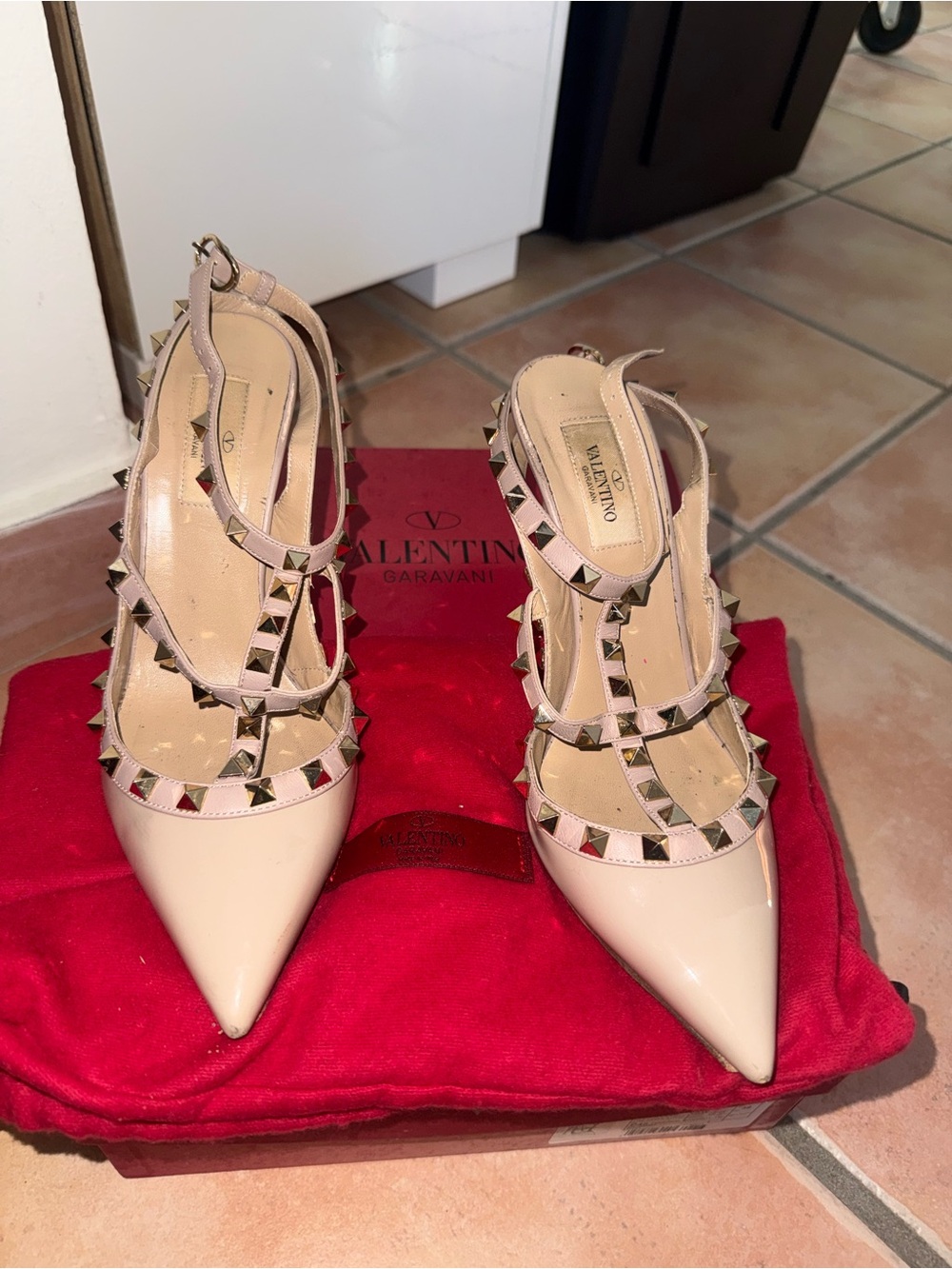 Valentino Nude Patent Leather Studded T-Strap Pointed Pumps